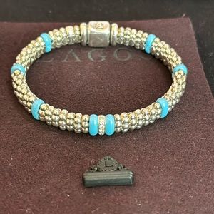 LAGOS Caviar, Blue Ceramic, and Diamond Station Bracelet, Full set with receipt.